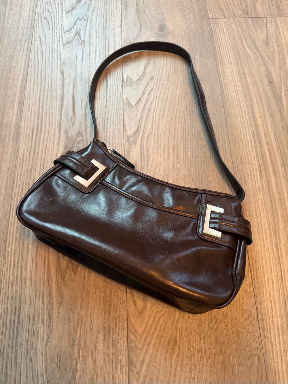 Vintage Dark Brown Leather Shoulder Bag with Silver Accents